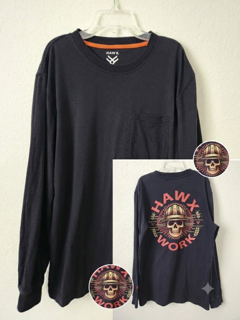 Hawx Workwear Long Sleeve Mens Graphic Pocket T-Shirt Black Skull Graphic